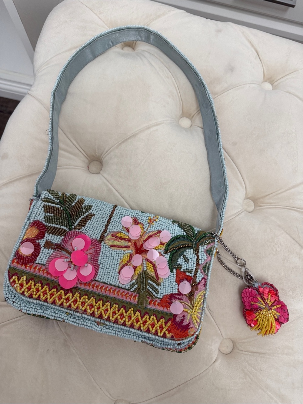 Beaded Floral Pink Accent Shoulder Bag